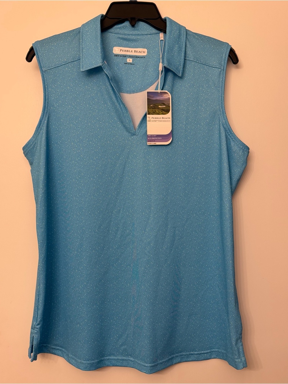 Pebble Beach Women's Sleeveless Polo Tank - Light Blue With Green Sparkle